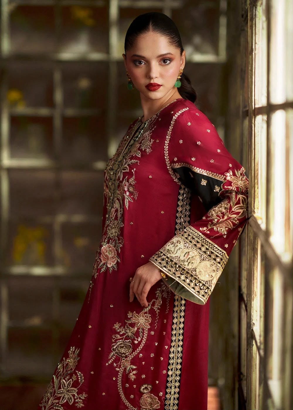 ETHNIC — RED CHERRY SILK KAFTAN 3PC